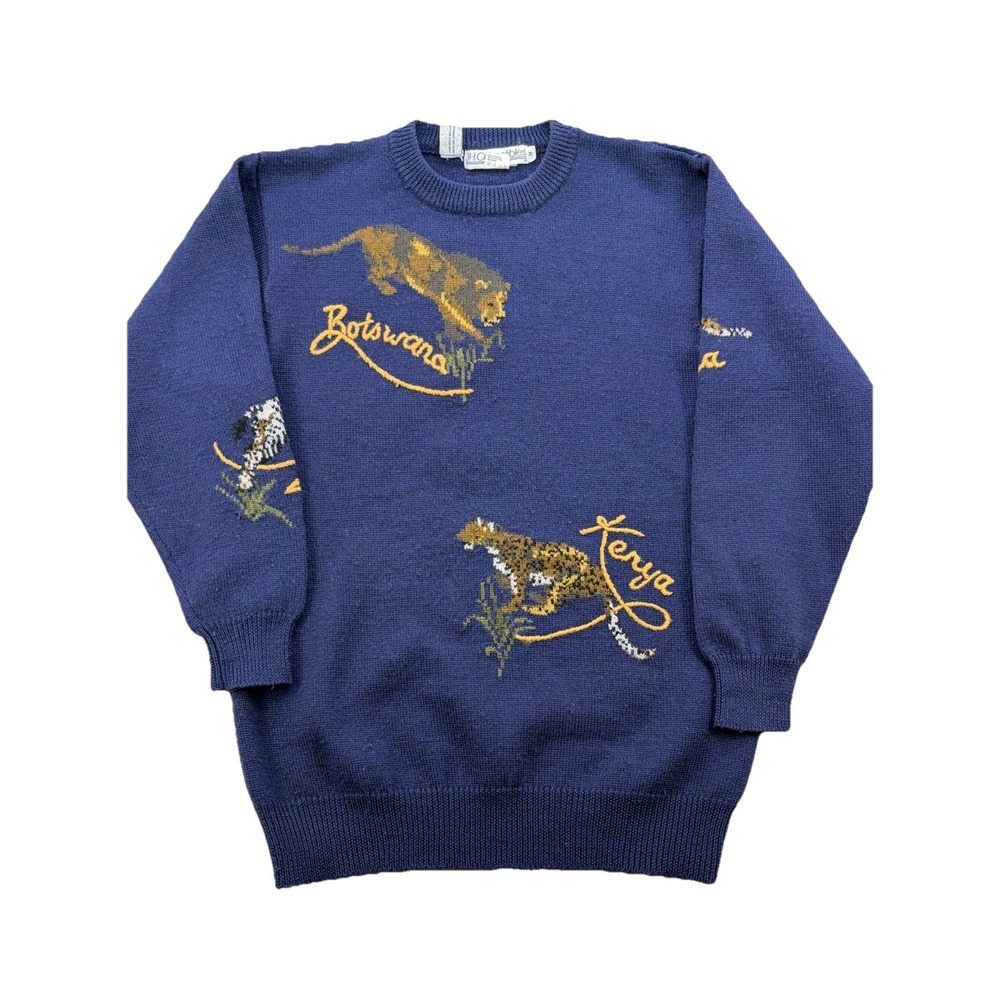 JH Collectibles 100% Wool  VTG Blue African Cats Sweater 80s Embroidered Knit